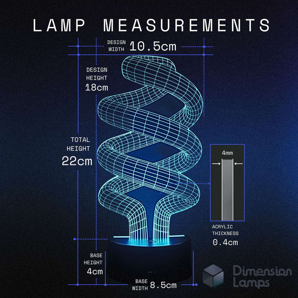 A diagram of a spiral LED lamp on a dark background, showing measurements for design width, height, base height, and base width, by Dimension Lamps.
