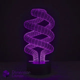 A 3D optical illusion spiral LED night light glowing in vibrant purple, set against a dark background with a brand watermark in the lower-left corner.