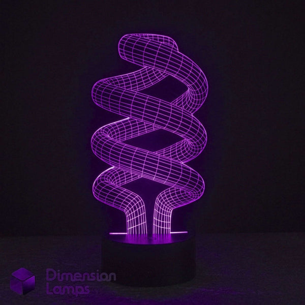 A 3D optical illusion spiral LED night light glowing in vibrant purple, set against a dark background with a brand watermark in the lower-left corner.