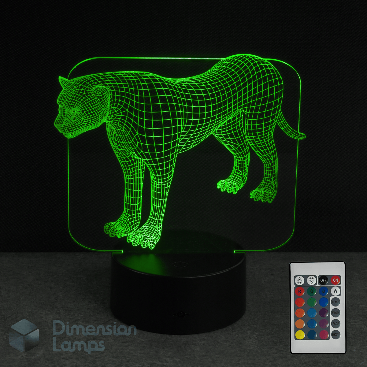 3D wireframe big cat panther leopard cheetah lamp with remote control on a dark background