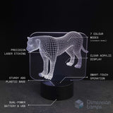 3D LED lamp with a panther, leopard, cheetah, design on a black background, featuring technical specifications.