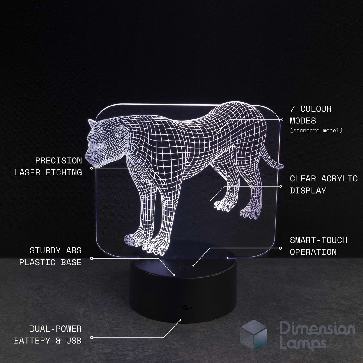 3D LED lamp with a panther, leopard, cheetah, design on a black background, featuring technical specifications.