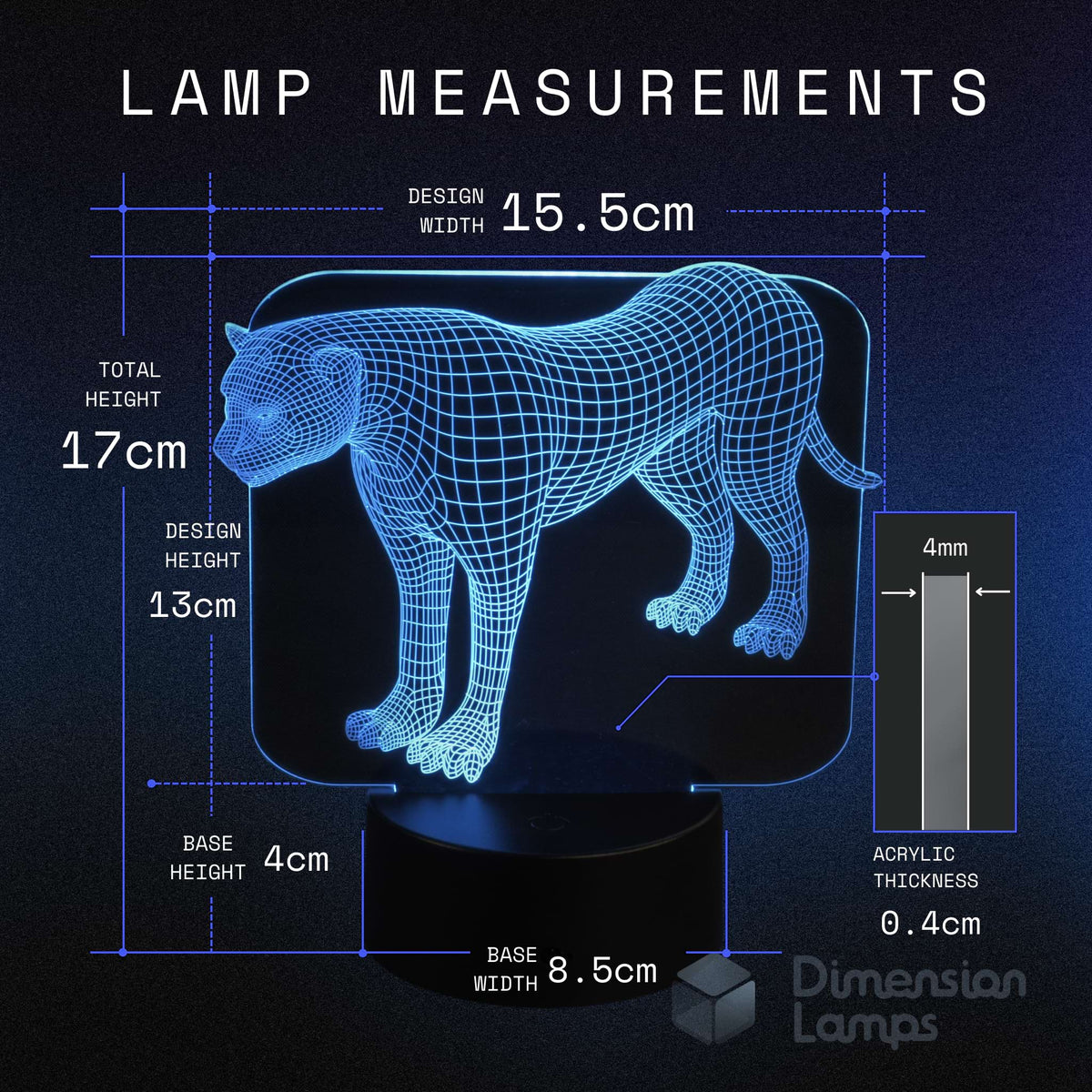 Lamp with measurements and design details on a dark background panther, leopard, cheetah.