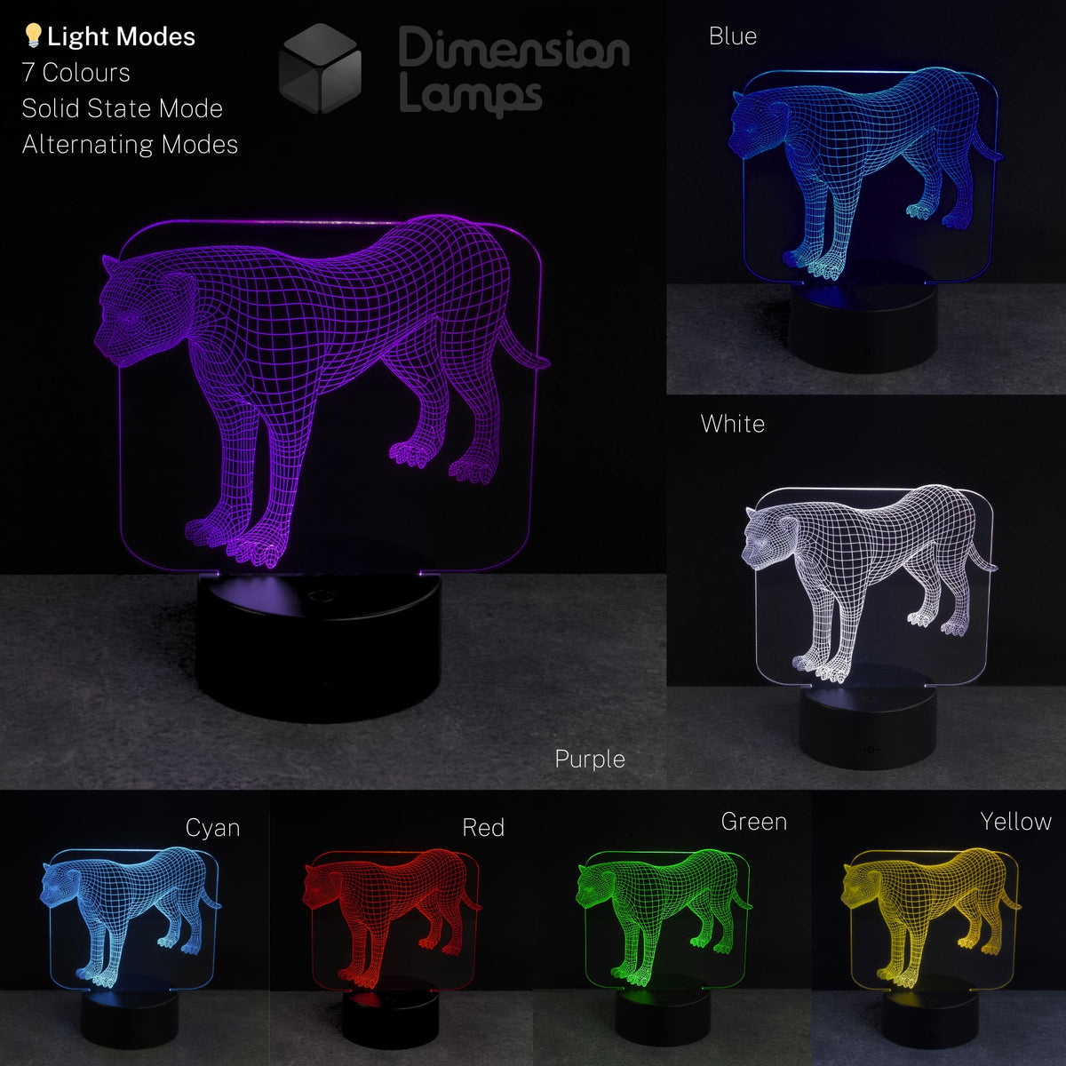3D animal lamp with colour-changing options on a dark background, feline, cheetah, leopard design