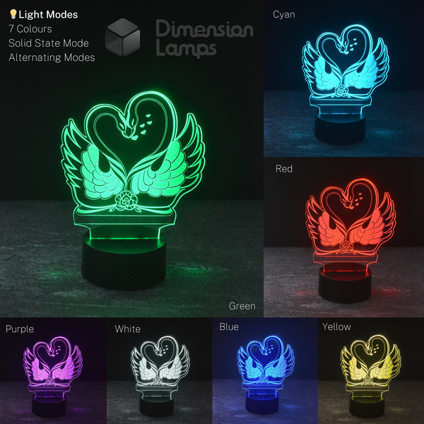 Explore the Swan Kiss LED night light in this vibrant collage, showcasing its seven beautiful colour options for a soothing and romantic ambiance.