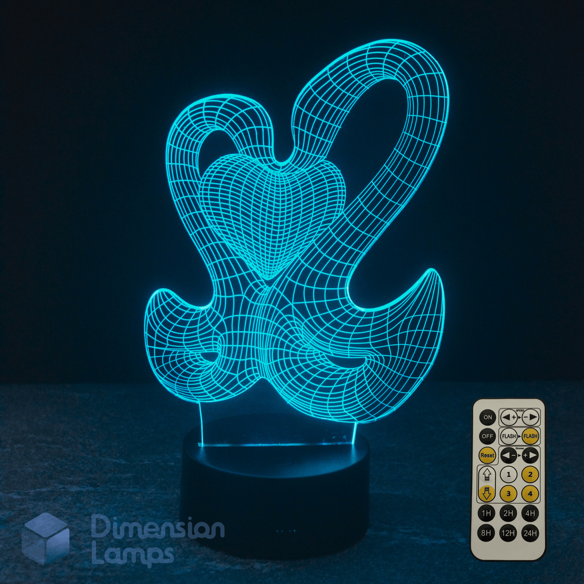 3D lamp with a Swan and Heart design on a dark background, accompanied by a remote control.