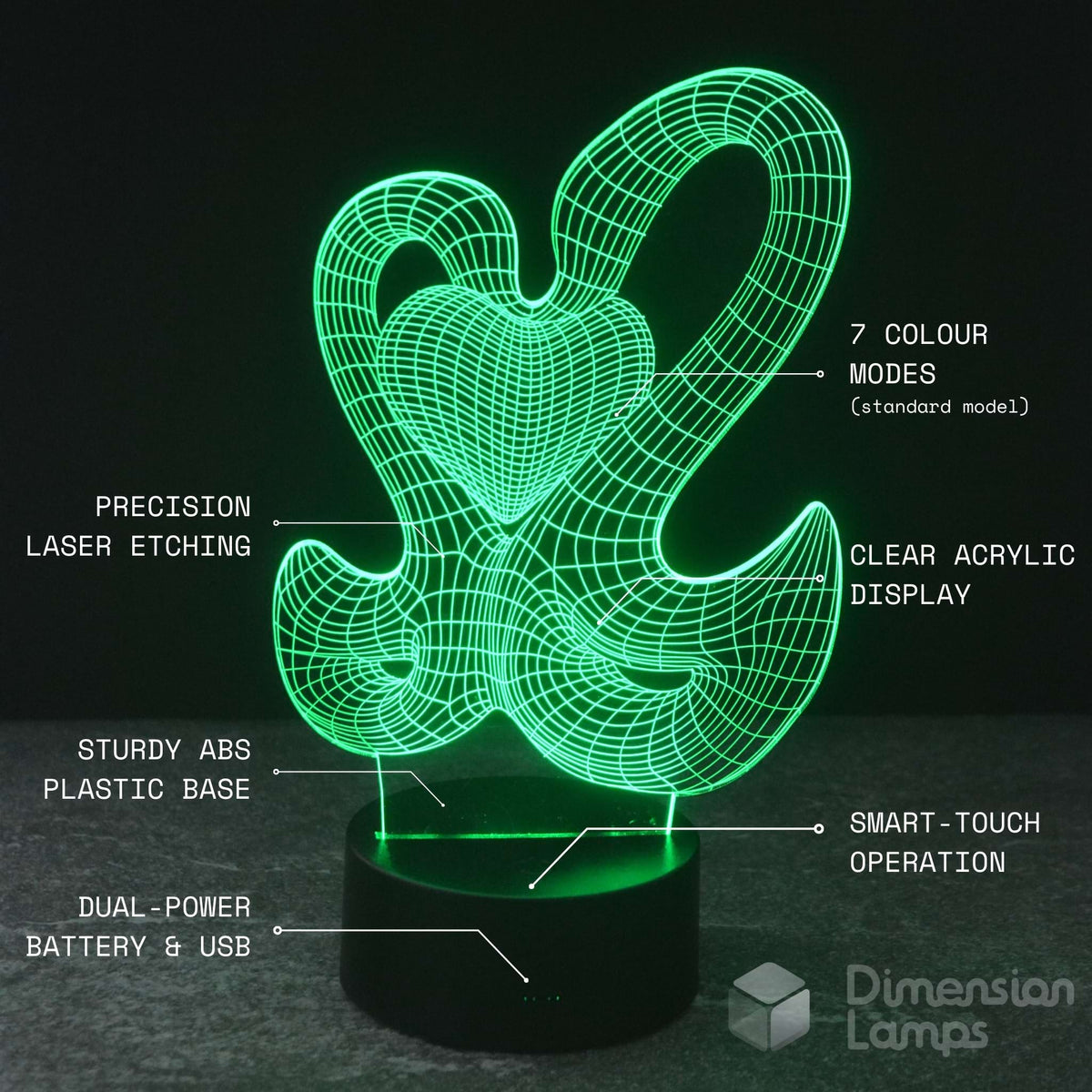 Swan Heart 3D lamp features, an elegant addition to Australian homes: 7 colours, laser etching, clear acrylic, sturdy base, touch operation, dual power.