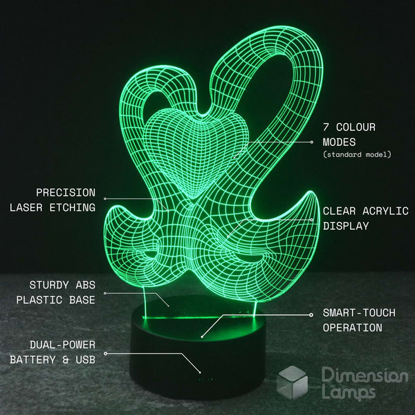 Swan Heart 3D lamp features, an elegant addition to Australian homes: 7 colours, laser etching, clear acrylic, sturdy base, touch operation, dual power.