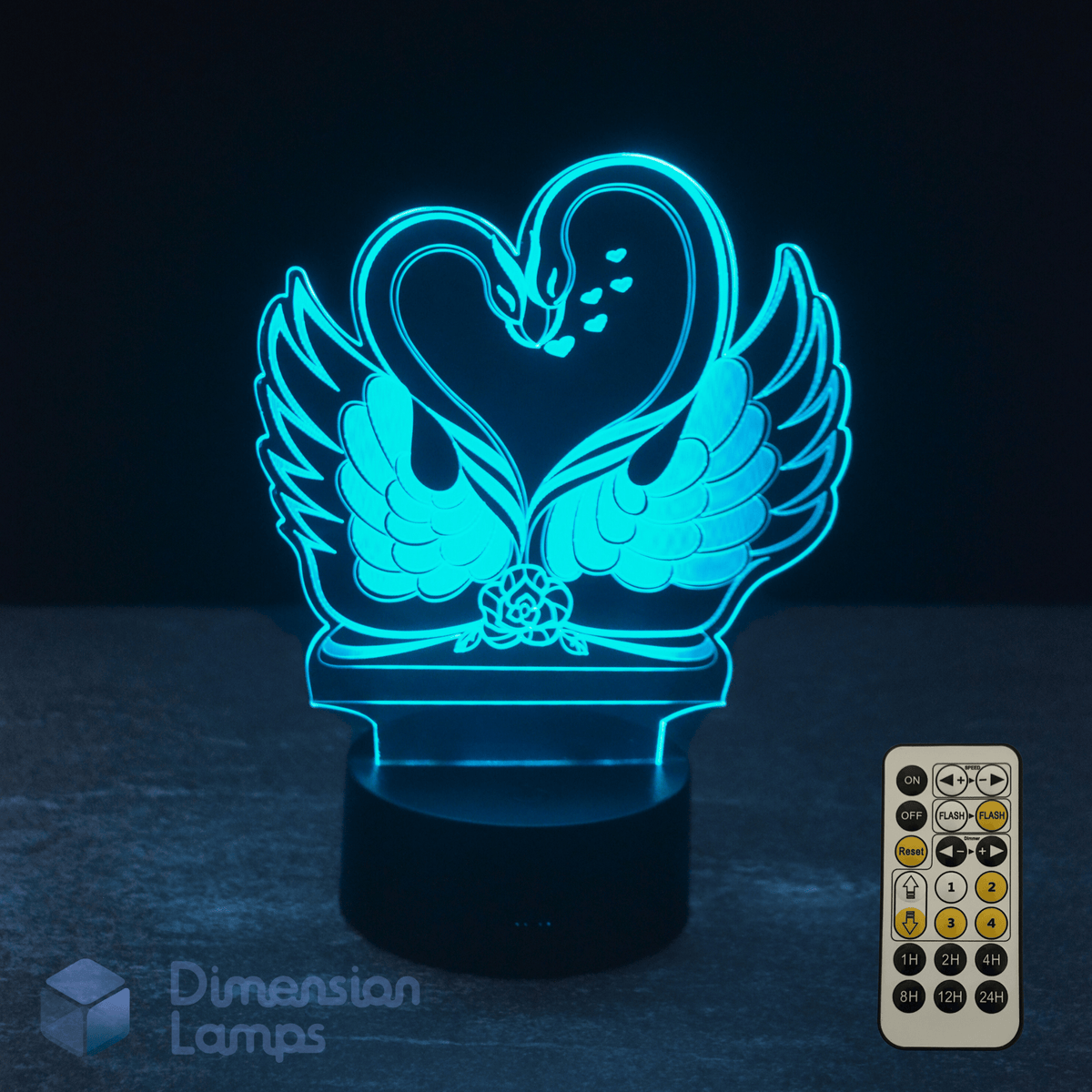 Neon blue swan-shaped lamp with remote control on a dark background