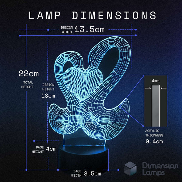 Size specifications for the Swan Heart 3D night light: 13.5cm design width, 22cm total height, 4mm acrylic thickness, 4cm base height, 8.5cm base width.