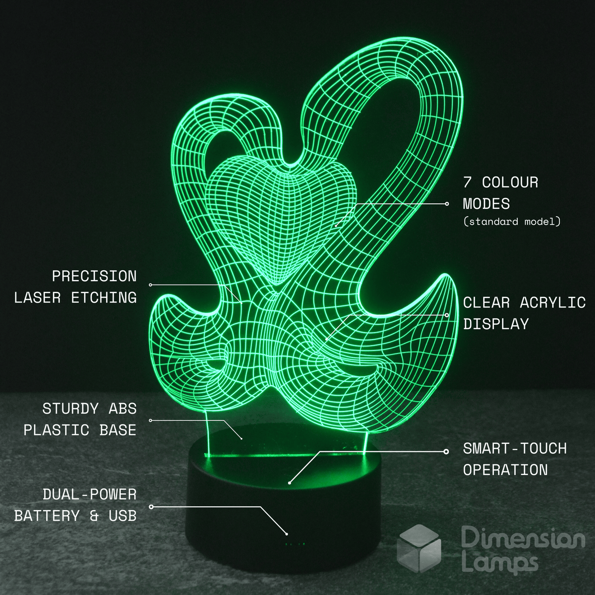 Discover the Swan Heart 3D lamp's features, an elegant addition to Australian homes: 7 colours, laser etching, clear acrylic, sturdy base, touch operation, dual power.
