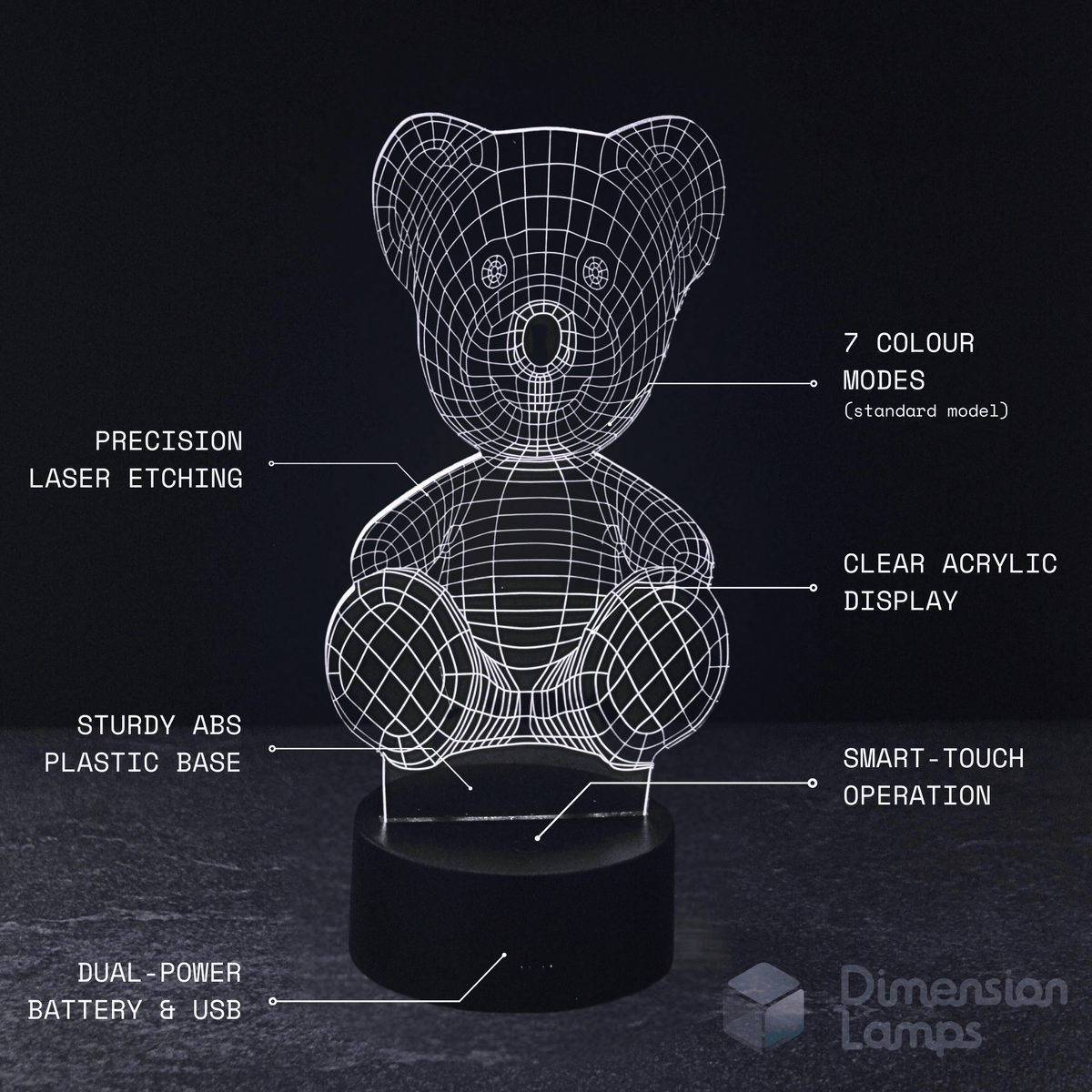 Key attributes of the Teddy Bear LED lamp: precision laser etching on clear acrylic, a sturdy ABS base, smart-touch operation, and versatile battery & USB power.