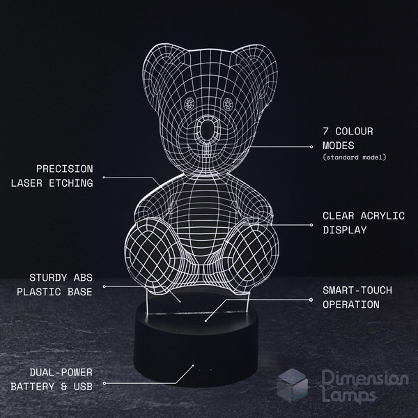 Key attributes of the Teddy Bear LED lamp: precision laser etching on clear acrylic, a sturdy ABS base, smart-touch operation, and versatile battery & USB power.