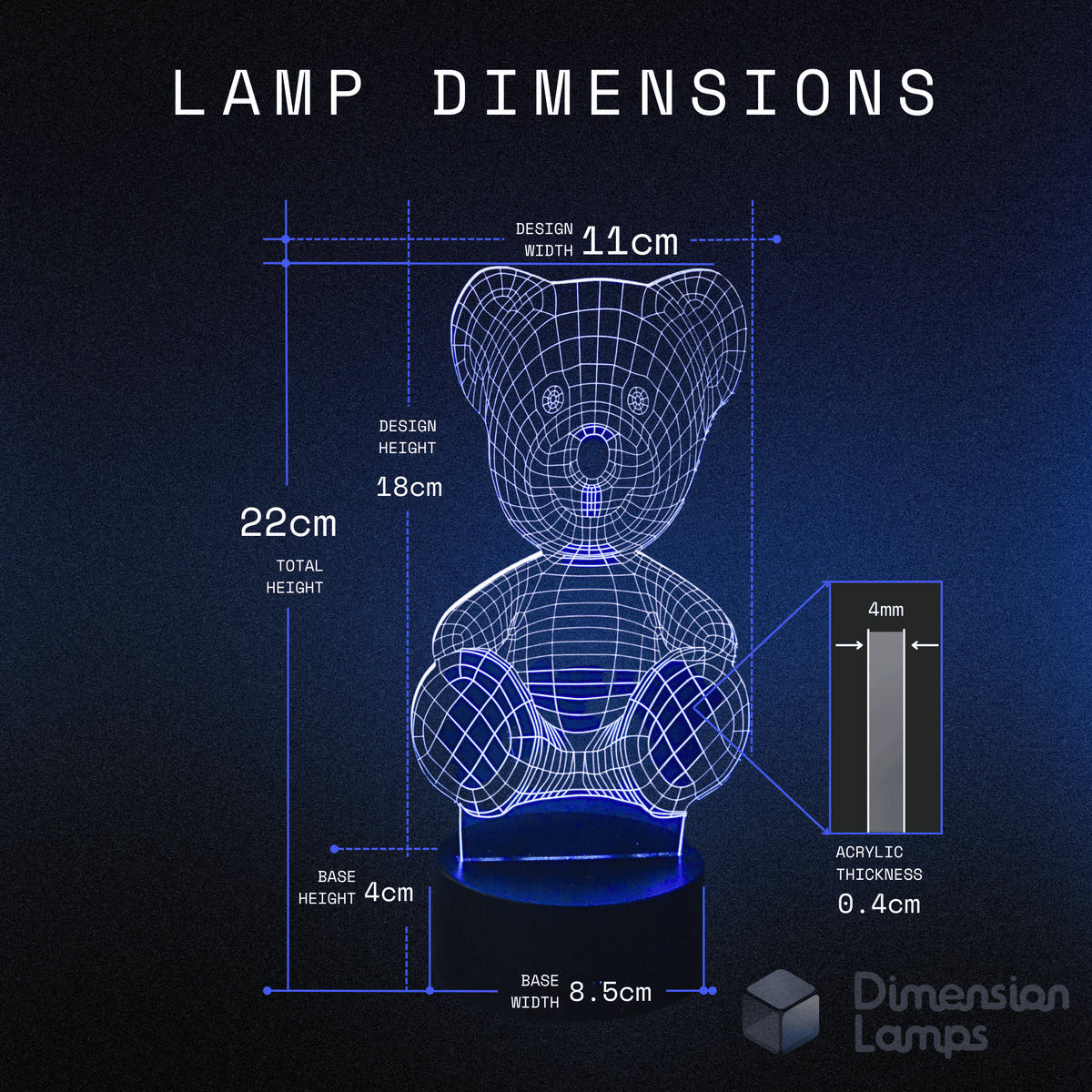 Detailed sizing of the Teddy Bear LED lamp: featuring a design width of 11cm, a total height of 22cm, and a base width of 8.5cm.