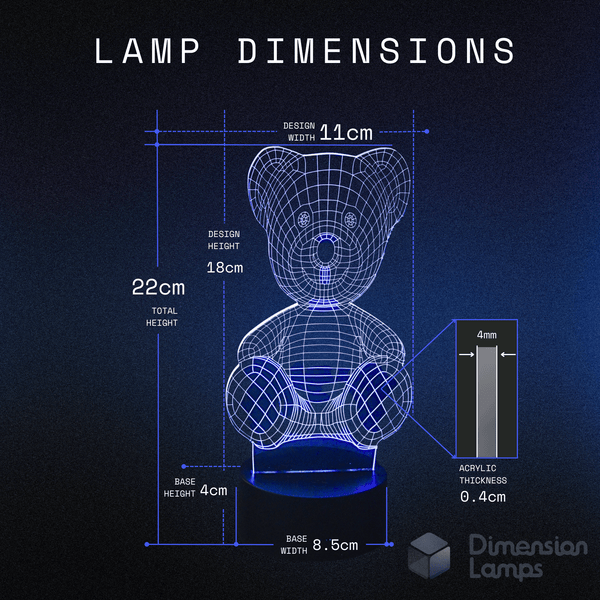 Detailed sizing of the Teddy Bear LED lamp: featuring a design width of 11cm, a total height of 22cm, and a base width of 8.5cm.