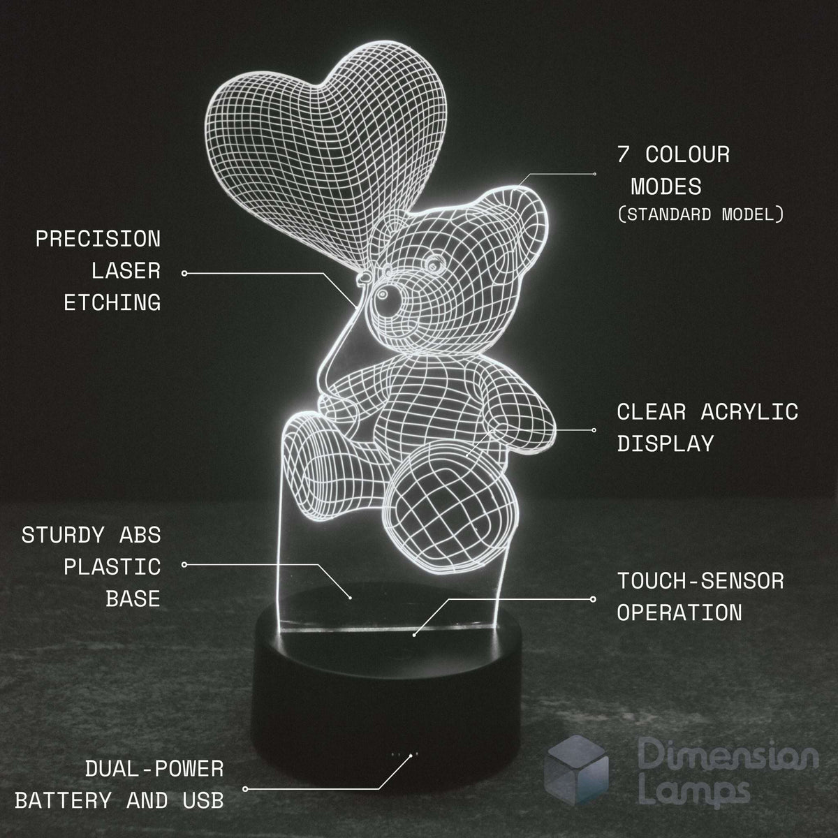 Teddy Bear Heart LED 3D Lamp features: 7 colour modes, precision laser etching, clear acrylic, ABS base, sensor touch, versatile dual power options.
