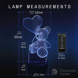 Measurements of a 3D LED bear lamp with a heart balloon, 22cm total height, 18cm x 12cm acrylic, 4cm base height. Kids teddy bear gift idea.