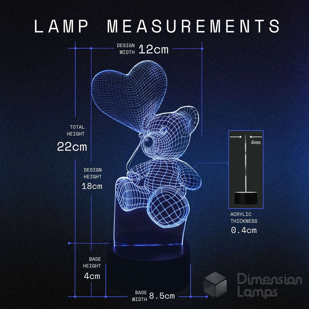 Measurements of a 3D LED bear lamp with a heart balloon, 22cm total height, 18cm x 12cm acrylic, 4cm base height. Kids teddy bear gift idea.