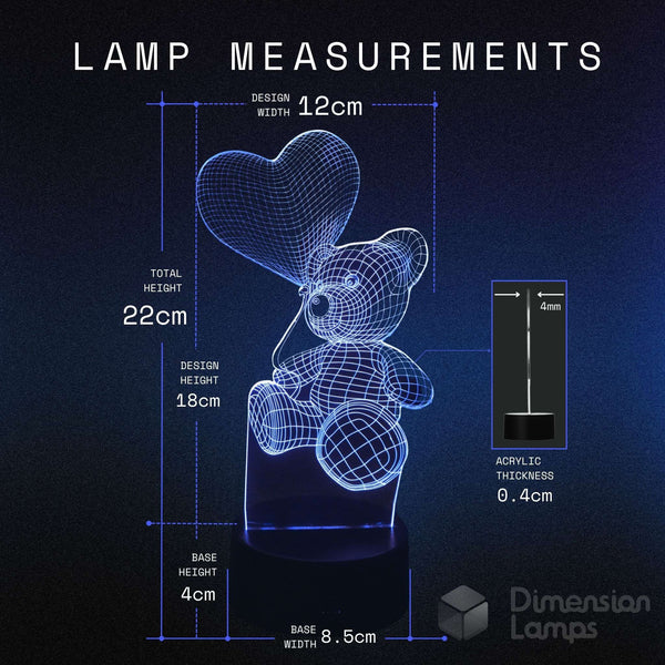 Measurements of a 3D LED bear lamp with a heart balloon, 22cm total height, 18cm x 12cm acrylic, 4cm base height. Kids teddy bear gift idea.
