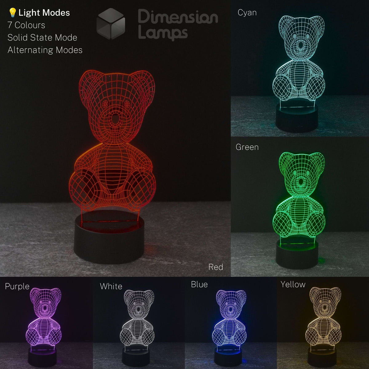 Teddy Bear LED lamp collage featuring its seven colour illuminations: a versatile and reassuring light for kids' bedrooms.
