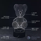 Key attributes of the Teddy Bear LED lamp: precision laser etching, clear acrylic, sturdy ABS base, smart-touch operation, and battery & USB power.