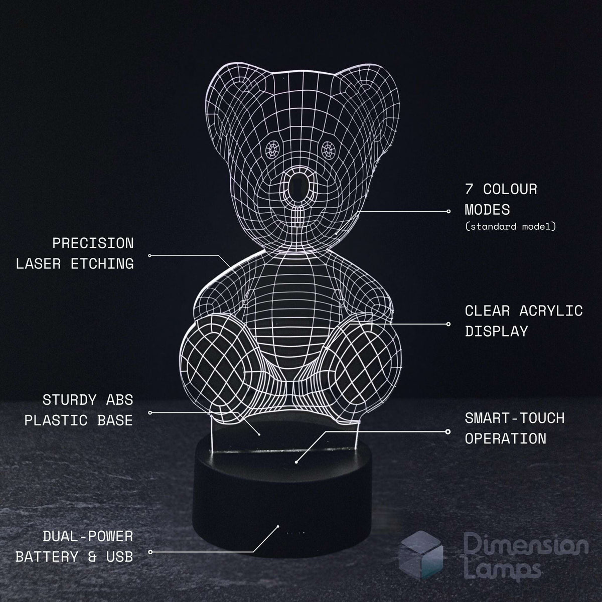 Key attributes of the Teddy Bear LED lamp: precision laser etching, clear acrylic, sturdy ABS base, smart-touch operation, and battery & USB power.