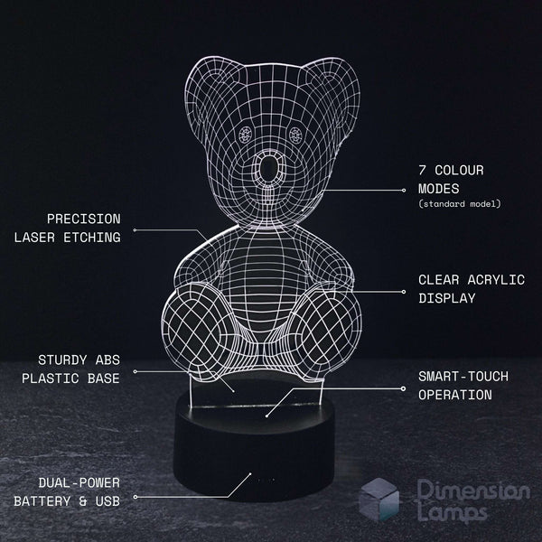 Key attributes of the Teddy Bear LED lamp: precision laser etching, clear acrylic, sturdy ABS base, smart-touch operation, and battery & USB power.