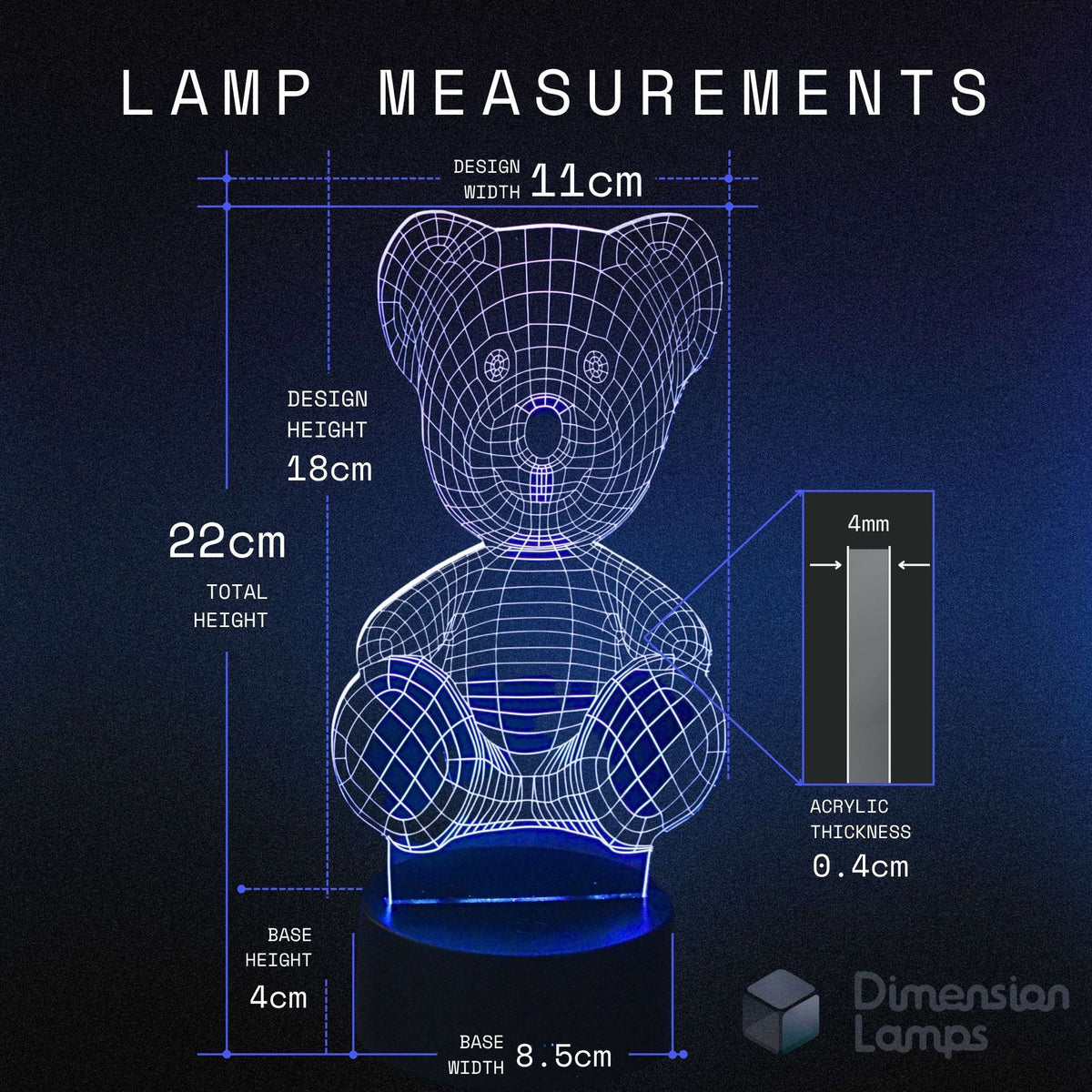 A measurements diagram of a teddy bear-shaped LED lamp for design width, height, plus an inset showing acrylic thickness. For kids that love teddies.
