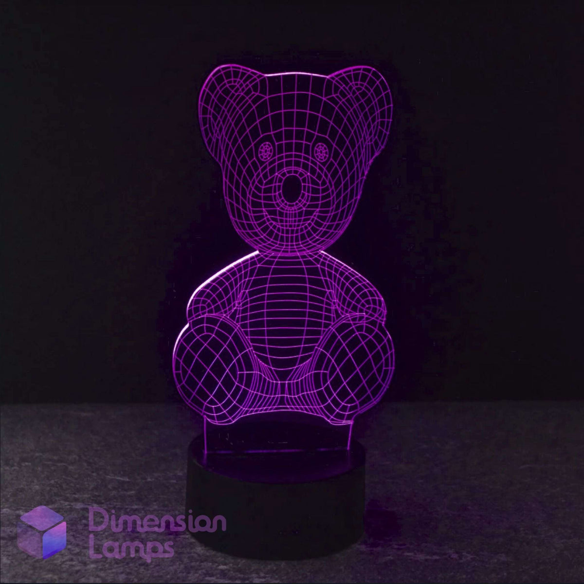 A purple illuminated Teddy Bear 3D LED lamp on a dark background, depicting a seated teddy bear figure.