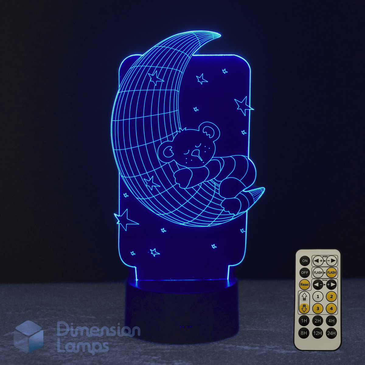 3D LED lamp with teddy bear design on a dark background, featuring a remote control.