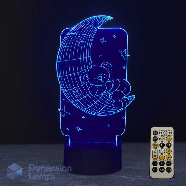 3D LED lamp with teddy bear design on a dark background, featuring a remote control.