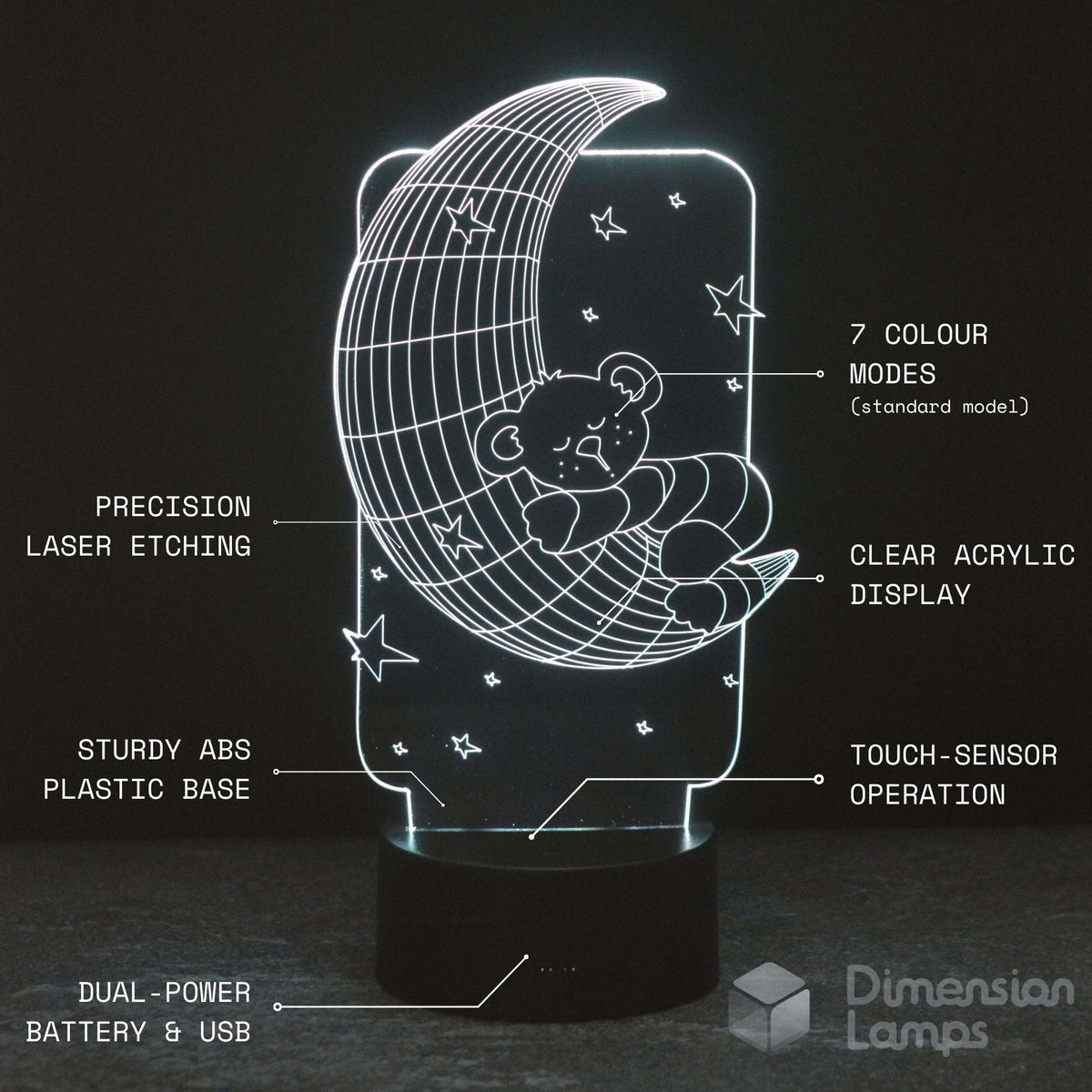 A 3D acrylic LED night light of a crescent moon with a teddy bear and stars, shown on a dark background with white text describing features. 