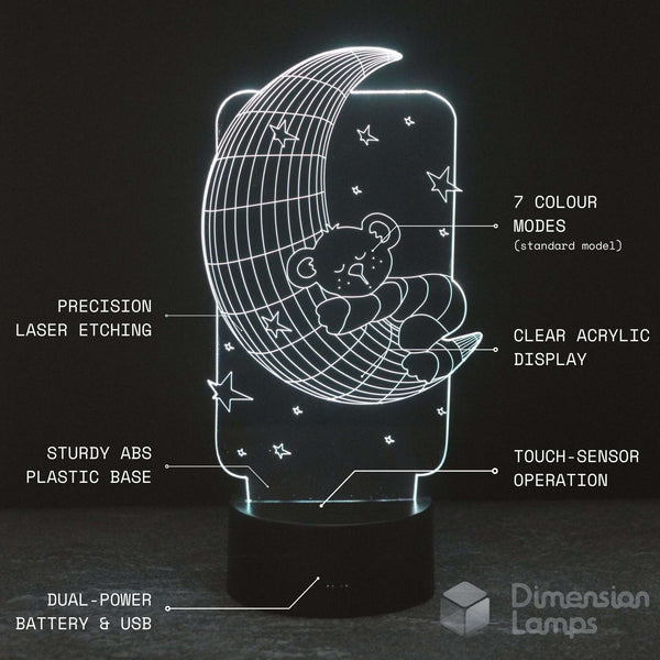 A 3D acrylic LED night light of a crescent moon with a teddy bear and stars, shown on a dark background with white text describing features. 