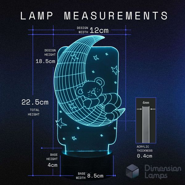 A dimension diagram of a glowing blue crescent moon lamp with a teddy bear design, showing measurements including 22.5cm total height.