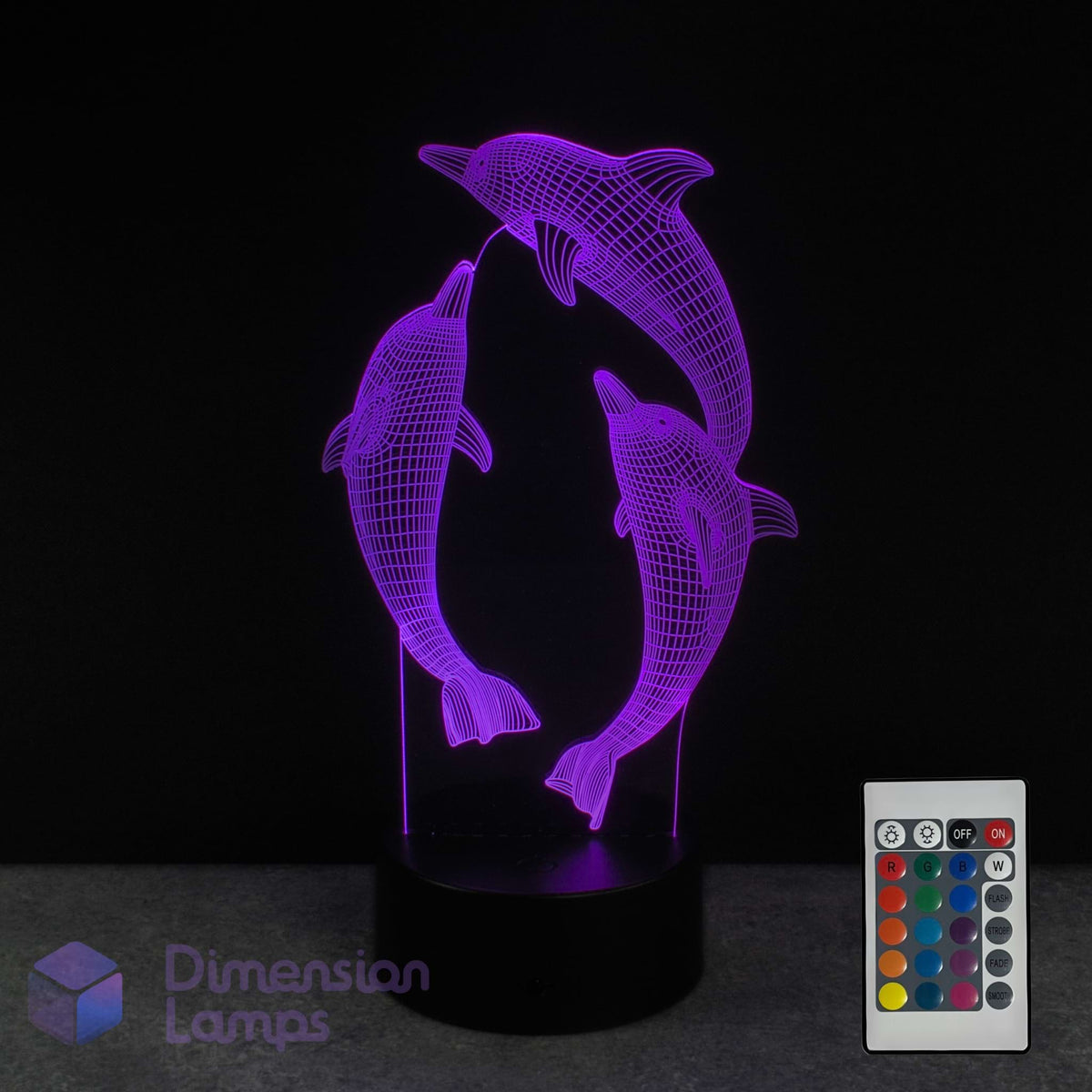 3D dolphin lamp with remote control on a dark background
