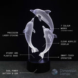 3D LED lamp with dolphins on a black background, featuring text on product features.