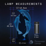 Measurement chart of a lamp with dolphins design, showing dimensions and acrylic thickness.