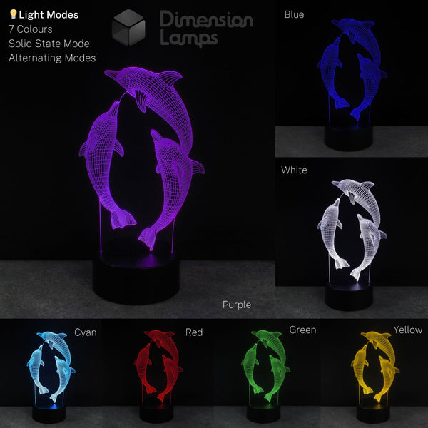 3D dolphin lamp with colour-changing options on a dark background. Girls gift idea