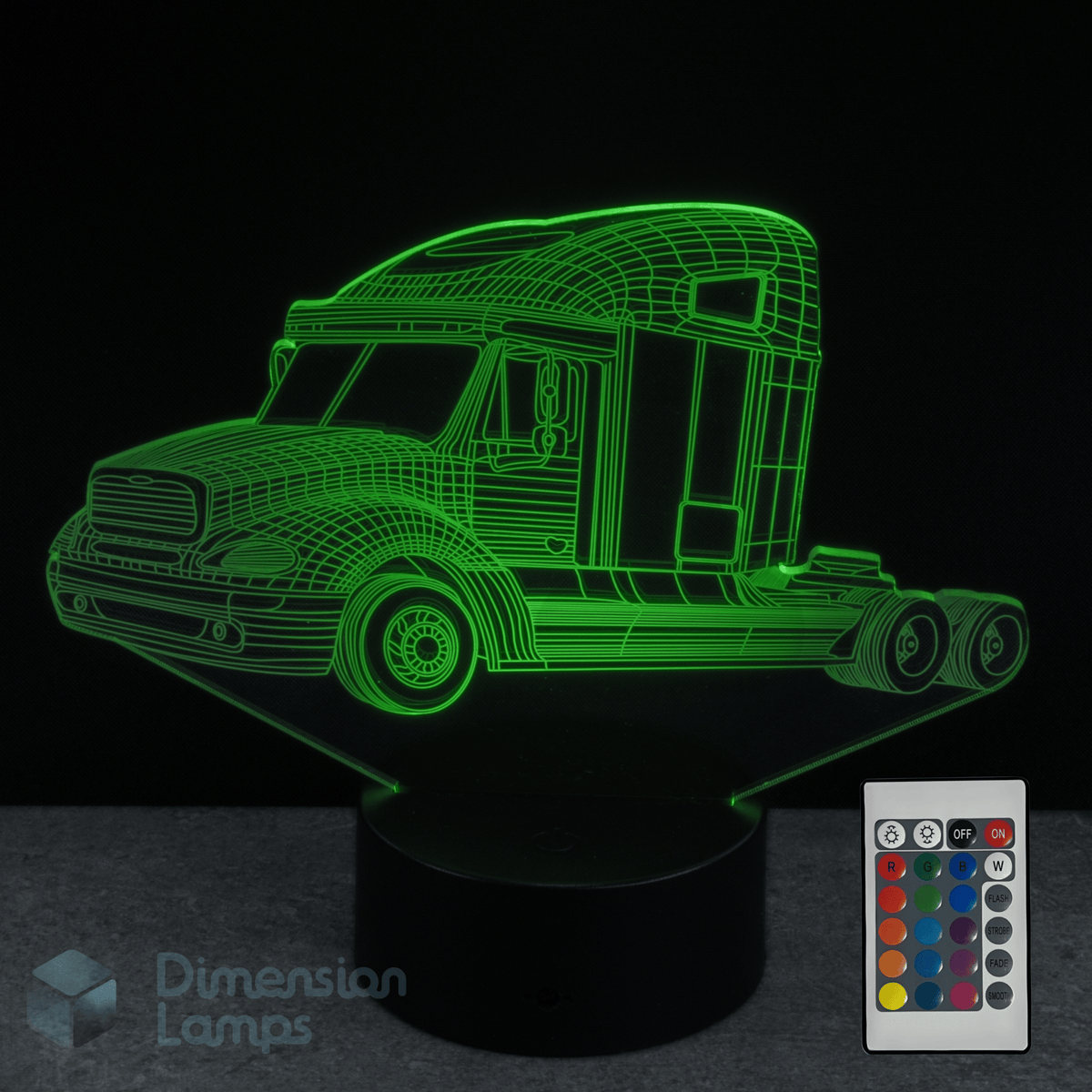 3D cargo freighter truck-shaped night light with remote control on a dark background. Truck themed lamp.