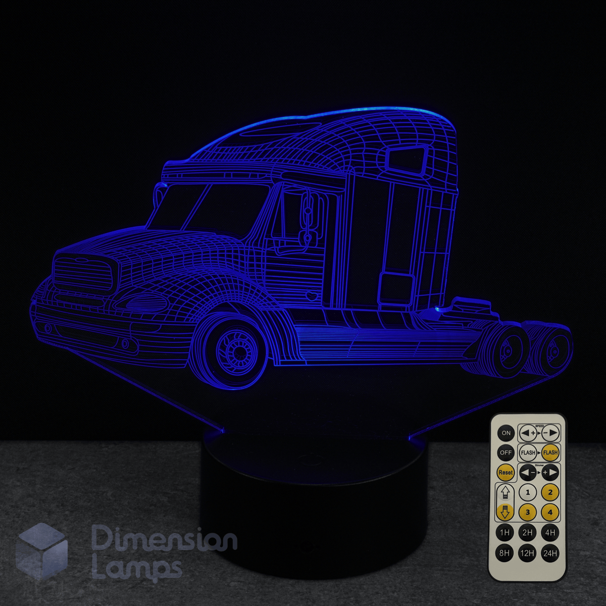 3D truck-shaped night light with remote control on a dark background. Kids truck night light.