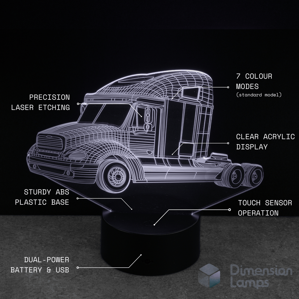 Big Rig Truck-shaped night light with features listed on a black background