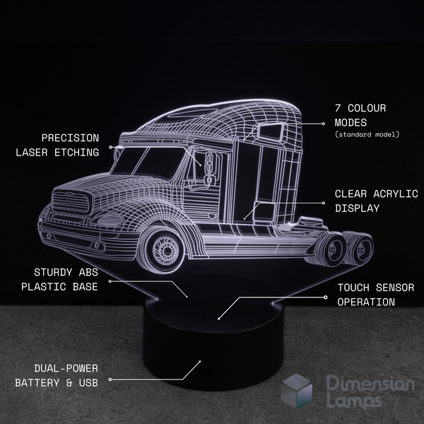 Big Rig Truck-shaped night light with features listed on a black background