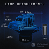 Measurement chart of a truck-shaped lamp with dimensions on a dark background