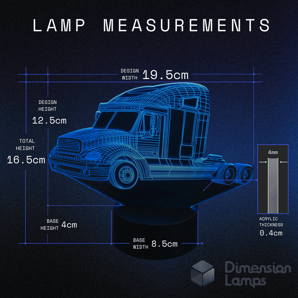 Measurement chart of a truck-shaped lamp with dimensions on a dark background