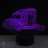 3D truck-shaped lamp with purple outline on a black background. Gift idea for young truckers.