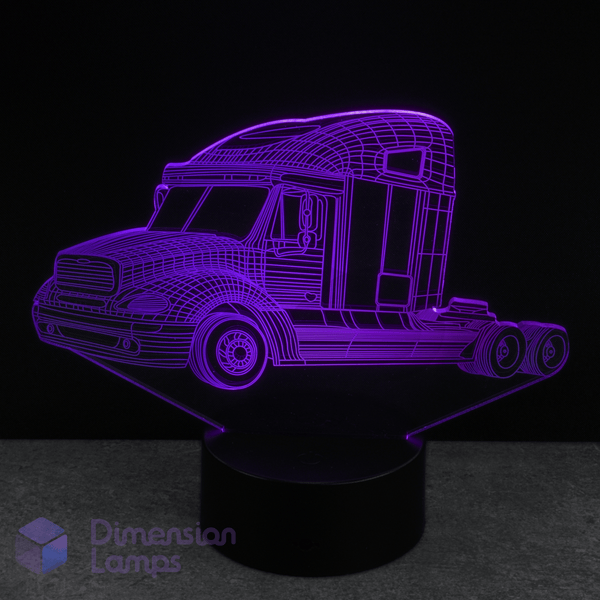 3D truck-shaped lamp with purple outline on a black background. Gift idea for young truckers.