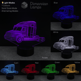 Semi-Trailer Truck-shaped 3D illusion lamp displaying various colours on a dark background.