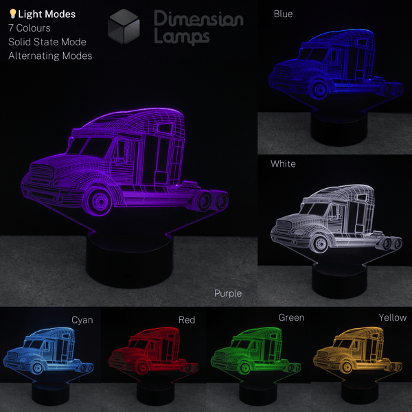Semi-Trailer Truck-shaped 3D illusion lamp displaying various colours on a dark background.