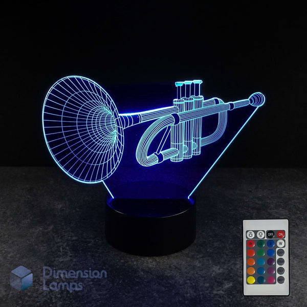 A trumpet 3D lamp, glowing blue on a black base. 16 colour remote control in the bottom right corner and a 'Dimension Lamps' logo in the left corner.