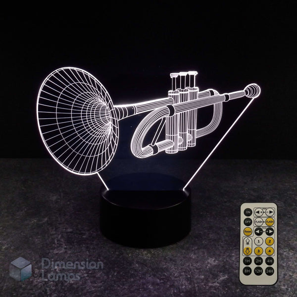 A trumpet 3D lamp shown glowing in white on a black base against a black background, with a 7 colour remote control and a 'Dimension Lamps' logo.